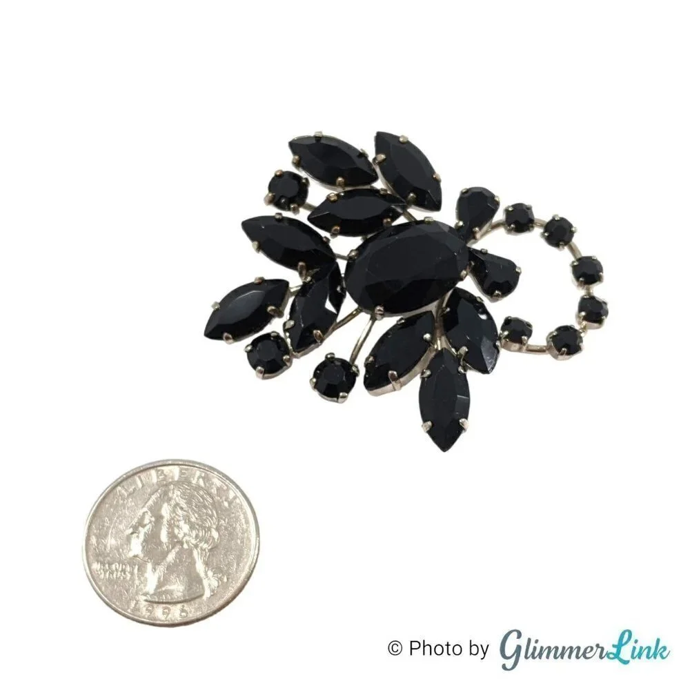 Vintage Western Germany Black Rhinestones Floral Spray Silver Tone Mid Cent